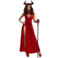 Carnival Halloween Lady Red Demonic Queen เครื่องแต่งกายยาวคลาสสิก Glamour Sorceress Playsuit คอสเพลย์แฟนซีปาร์ตี้ Dress