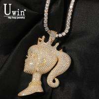 UWIN Girl Head Crown Pendant tail Elegant Doll Charms Cuban Chain Micro Pave Iced Out Necklace Women Accessories Jewelry