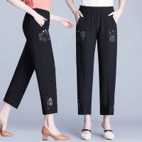 【มีไซส์ใหญ่】Plus Size Womens XL-4XL Thin Summer Ankle Pants Elastic Waist Vintage Floral Embroidery Female Trousers