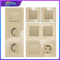 ♕ Bingoelec Golden Crystal Glass Panel 1 2 3Gang 1 2 Way Pass Through on / Off Light Switch Stair Wall Switch with EU Socket