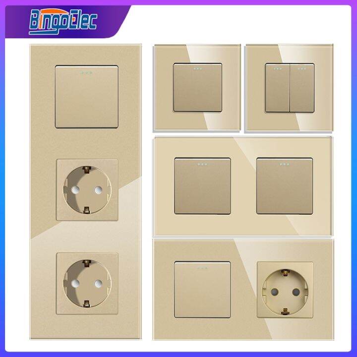 bingoelec-golden-crystal-glass-panel-1-2-3gang-1-2-way-pass-through-on-off-light-switch-stair-wall-switch-with-eu-socket