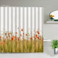 Poppy Garden Scenic Bath Curtain ภูมิทัศน์ชนบทตกแต่งบ้านธรรมชาติตกแต่งห้องน้ำผ้าม่านอาบน้ำตะขอ 180 * 180 ซม