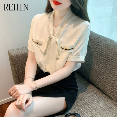 REHIN เสื้อขนาดเล็กใหม่ฤดูร้อนของผู้หญิงผ้าชีฟองบางๆมีกลิ่นหอมแบบประกบสายเสื้อผู้หญิงแขนสั้น
