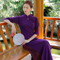 Original สไตล์จีนผู้หญิง Self-Cultivation Stand-Up Collar Buckle ปรับปรุงถัก Cheongsam Aodai ชุดชา