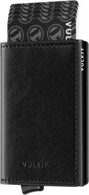 VULKIT Credit Card Holder RFID Blocking Vintage Leather Automatic Pop Up Wallet Aluminum Slim Bifold Business Card Case Black