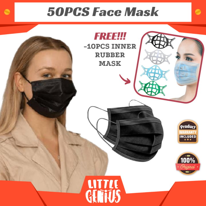 Little l 50 Black Disposable Face *Mask l FREE 10 PCS INNER MASK SUPPORTER l 3 Layer Design Protection *Face Masks l Breathable Mouth with Adjustable Nose Clip