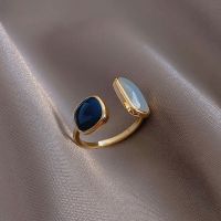 2021 French New Retro Square Blue Oil Dripping Ring Fashion Temperament Simple Opening Ring Women 39;s Jewelry