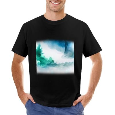 Pastel Softturquoise / Blue Watercolor Washes Painting Artworkmounns In Fog Image T-Shirt Sweat Shirts Designer T Shirt Men