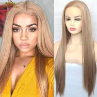 【LZ】❈▫  Voguequeen Honey Ash Blonde Color Synthetic Lace Front Wig Long Silky Straight Heat Resistant Fiber Daily Wear For Women