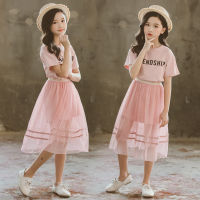 3-14Y Student Girls Summer Dress Childrens Kids Long T Shirt + Skirt Set Suit Clothing