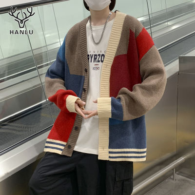 ✑✔ hnf531 Hanlu cardigan sweater Button V Neck Mens Knitwear color block style college style Unisex
