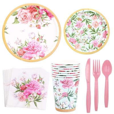 Floral Tea Disposable Tableware Set Vintage Style Pink Flower Plates Cups Napkin for Wedding Birthday Bachelor Party Decorations
