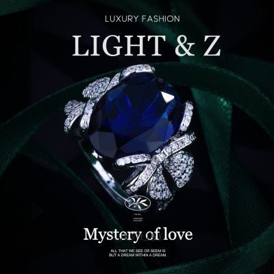 LIGHT & Z แหวนสตรีสไตล์เกาหลีโบว์ชุบเงินแหวนเปิดแซฟไฟร์เครื่องประดับหรูหรา