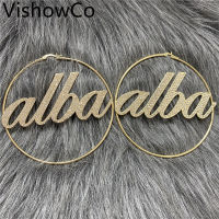 VishowCo 50-100mm Custom Name Earrings Letter Big Personalized Stainless Steel Zircon Nameplate Hoop Earrings For Women Gifts