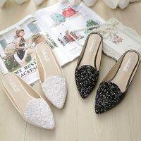 COD สินค้าแฟชั่นSize 34-43 Baotou Sequins Fashion Sandals Women Korean Version Flat Shoes Patent Leather Rhinestone Fla