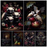 ▼﹍◐ ค้างคาวผลไม้ Hummingbird Moth เด็ก Skunks Vintage Wall Art ภาพวาดผ้าใบ Gothic โบราณแฟนตาซีสัตว์ศิลปะพิมพ์โปสเตอร์ตกแต่ง