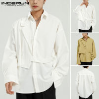 Incerun เสื้อเชิ้ตผ้าฝ้ายแขนยาวสีพื้นแฟชั่นบุรุษ