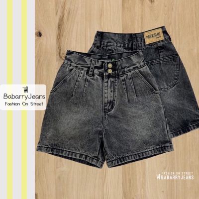 [พร้อมส่ง] BabarryJeans ยีนส์สามส่วน ผู้หญิง เอวจีบ 2 กระดุม เอวสูง วินเทจ ยาว 16 นิ้ว สีดำสโนว