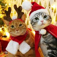 ZZOOI Christmas Cat Clothes Santa Cosplay Cloak Red Scarf Deer Cap Pet Clothes Winter Pet Shawl Xmas New Year Cosplay Cat Costume