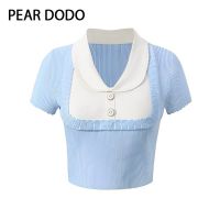 PEAR DODO เสื้อยืดสั้นคอวีถักสั้นสองชิ้นขอบลอนสไตล์เกาหลีสำหรับผู้หญิง