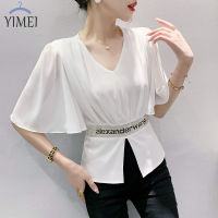 YIMEI เสื้อแขนสั้นคอวีสีขาวสำหรับผู้หญิง,เสื้อแฟชั่นใหม่คาดเอวติดเพชรเสื้อยืดสลิมฟิตติ้งเสื้อแขนบินลายคนดังผ่าสั้นสำหรับ2023ฤดูร้อน