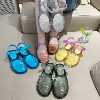 【Ready Stock】NewMelissaˉNew daily pairing with crystal jelly Roman slippers flat bottomed beach
