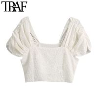 TRAF Women Fashion Textured Weave Cropped Blouses Vintage Square Collar Puff Sleeves Female Shirts Blusas Chic Tops