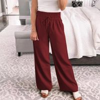 Women Straight Loose Pants Casual Mid Waist Solid Color Home Pants Drawstring Lace Up Wide Leg Pant Lady Long Slacks Streetwear