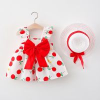 【CW】 2pcs Bow Baby Beach Dresses Newborn Kids 0  3 Years Old Children   Hat