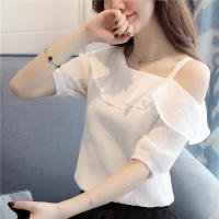 Women Summer Sexy Off Shoulder Ruffle Solid Color T-shirt