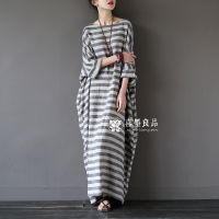 Spot parcel post1624 Xi Mo Spring and Summer New Striped R Artistic Distressed Washed Loose Large Size Robe Womens Dress