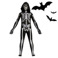 Unisex Jumpsuit Child Scary Black And White Halloween Jumpsuit Costume Compatible For Cos Like Skeleton Separate Headgear