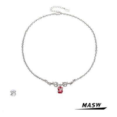MASW Original Design Chain Necklace One Layer Simply Design Metal Silvery Plating Red AAA Zircon Pendant Necklace Women Jewelry