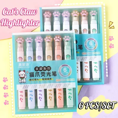 6PCS Highlighter Set Cat Paw Highlighter Pen Markers Art Supplies Kawaii Stationery School Supplies for Students