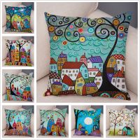 hot！【DT】﹍❦  Rural Color Cities Cushion Cover for Sofa Car Colorful Cartoon Short Pillowcase