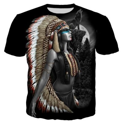Ferocious animal wolf and Indian T-shirt mens fashion clothes 3D mens and womens Harajuku style streetwear tops T82 polyester