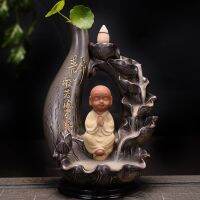 Little Buddha Monk Ceramic Backflow Incense Burner Lotus Waterfall Incense Holder Home Decor Aromatherapy Censer