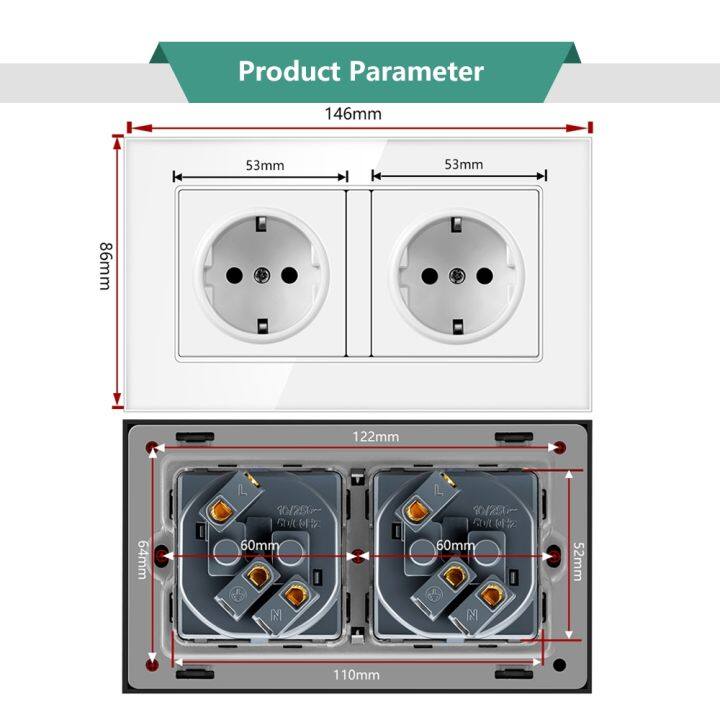 new-popular89-ซ็อกเก็ตแผง-power3colorsglass-ผนังมาตรฐานมาตรฐานมาตรฐานเยอรมันเต้าเสียบผนัง16a-2รู-ac110-250v-146x86