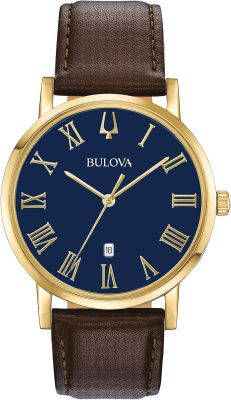 Bulova Mens Classic 3-Hand Date Quartz Brown Leather Strap Watch in Gold Tone and Blue Dial, Roman Numeral Markers Style: 97B177