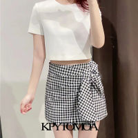 KPYTOMOA Women 2021 Chic Fashion With Knot Pleated Plaid Shorts Skirts Vintage High Waist Side Zipper Female Skort Mujer