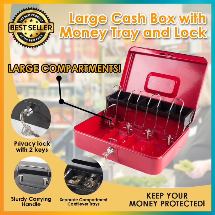Safety Security Cash Box with Money Tray and Lock, Metal Money Box Safe