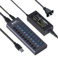 Powered USB Hub อลูมิเนียม10พอร์ต USB 3.0 Data Hub พร้อมอะแดปเตอร์0.5A 5V และสวิตช์เปิด/ปิดแยก USB