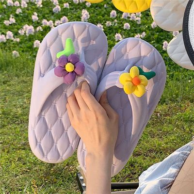 รองเท้าแตะพื้นหนาสำหรับผู้หญิงรองเท้าแตะฟลิปฟลอปพื้นทนต่อการสึกหรอทำจาก EVA ลายดอกไม้ลำลอง