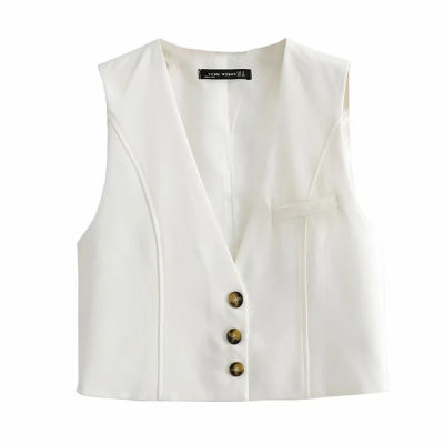 XEASY  Women Elegant White Streetwear Sleeveless Short Vest Female Vintage Slim V-Neck Single-breasted Casual Waistcoat