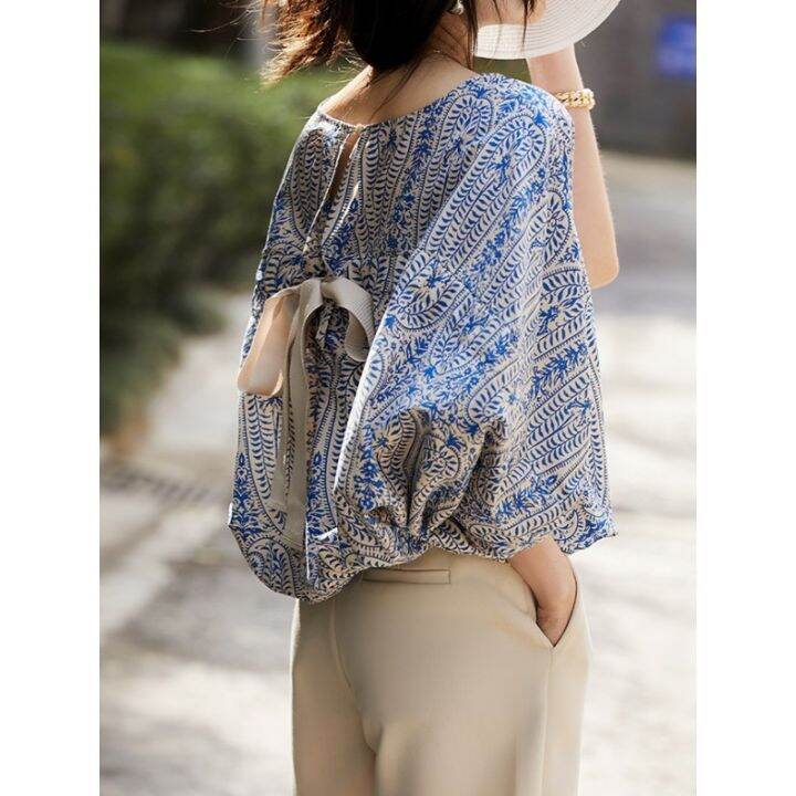 summer-new-covered-belly-top-female-relaxed-loose-bat-sleeve-lace-up-back-bow-floral-shirt-jacket