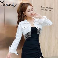 ZZOOI Rhinestone Tassel Fringe White Black Jean Jackets Women Harajuku Denim Coat Button Spring Autumn Korean Y2k Streetwear Crop Top