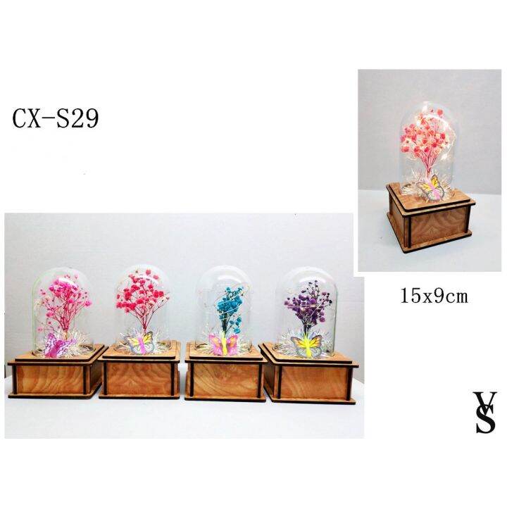 [VS] Glass Dome Flower Butterfly and Couple Display Wooden Base Gift