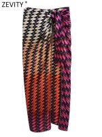 Zevity Women Vintage Color Match Geometric Print Knotted Sarong Midi Skirt Faldas Mujer Ladies Chic Side Zipper Vestidos QUN964