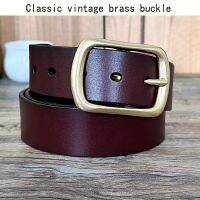 Mens Copper Buckle Waist Lead Layer Cowhide European American Vintage Hand-Made Old Needle Buckle Waistband