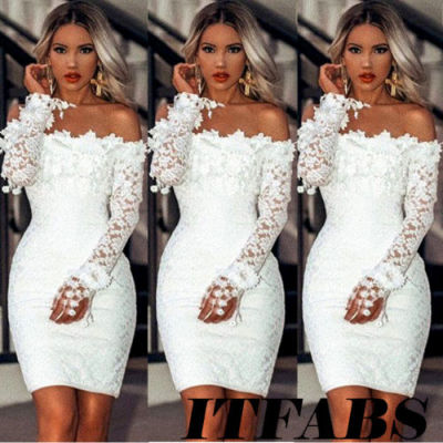 Sexy White Lace Dress Long Sleeve Women Dress Bodycon Off Shoulder Lace Wedding Party Clubwear Evening Short Mini Dress